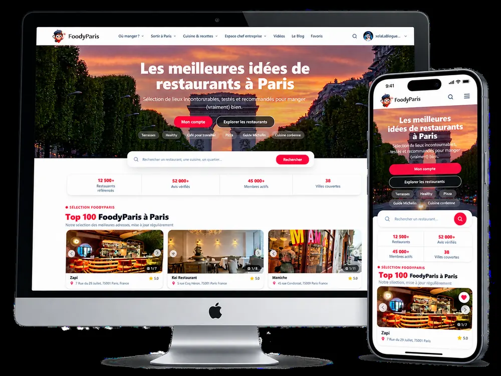 Capture d'ecran du site FoodyParis sur ordinateur et mobile, refonte realisee par Optimisation24