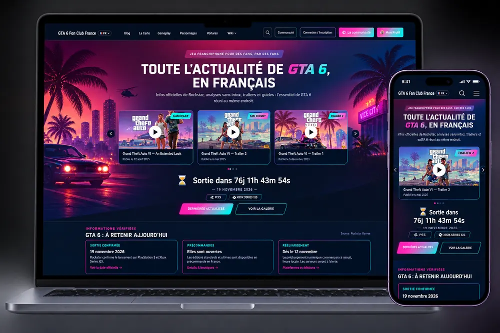Capture d'ecran du site GTA6 Fan Club France sur ordinateur et mobile, cree par Optimisation24